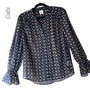 CABI | NWOT MOSAIC BLOUSE BUTTON FRONT LONG SLEEVE RUFFLE CUFF NAVY BLUE | SMALL